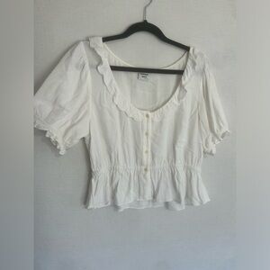 Sunday Best Cream Ruffle Scoop-Neck Button Peplum Top